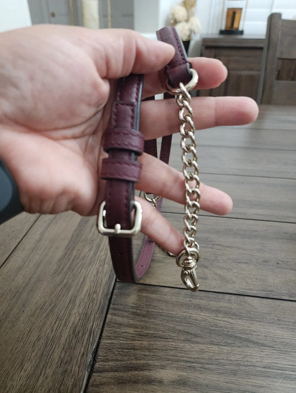 Burgundy Leather Crossbody Strap with Gold Chain 44in Longest